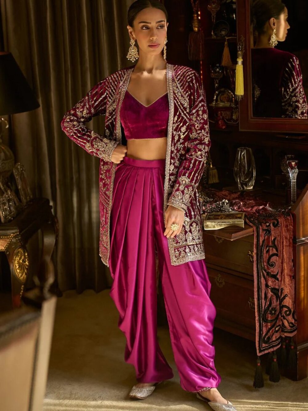 Lashkaraa Magenta Embroidered Velvet Suit With Jacket